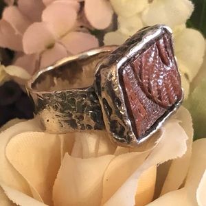 Vintage Silpada Tooled Leather Encased in Sterling Silver Frame Ring N1014 Sz 7
